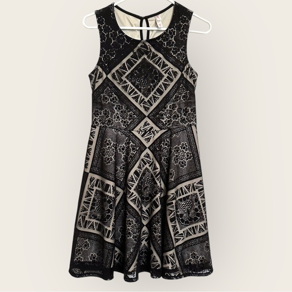 Black Lace Geometric Floral Print Fit and Flare Mini Dress
